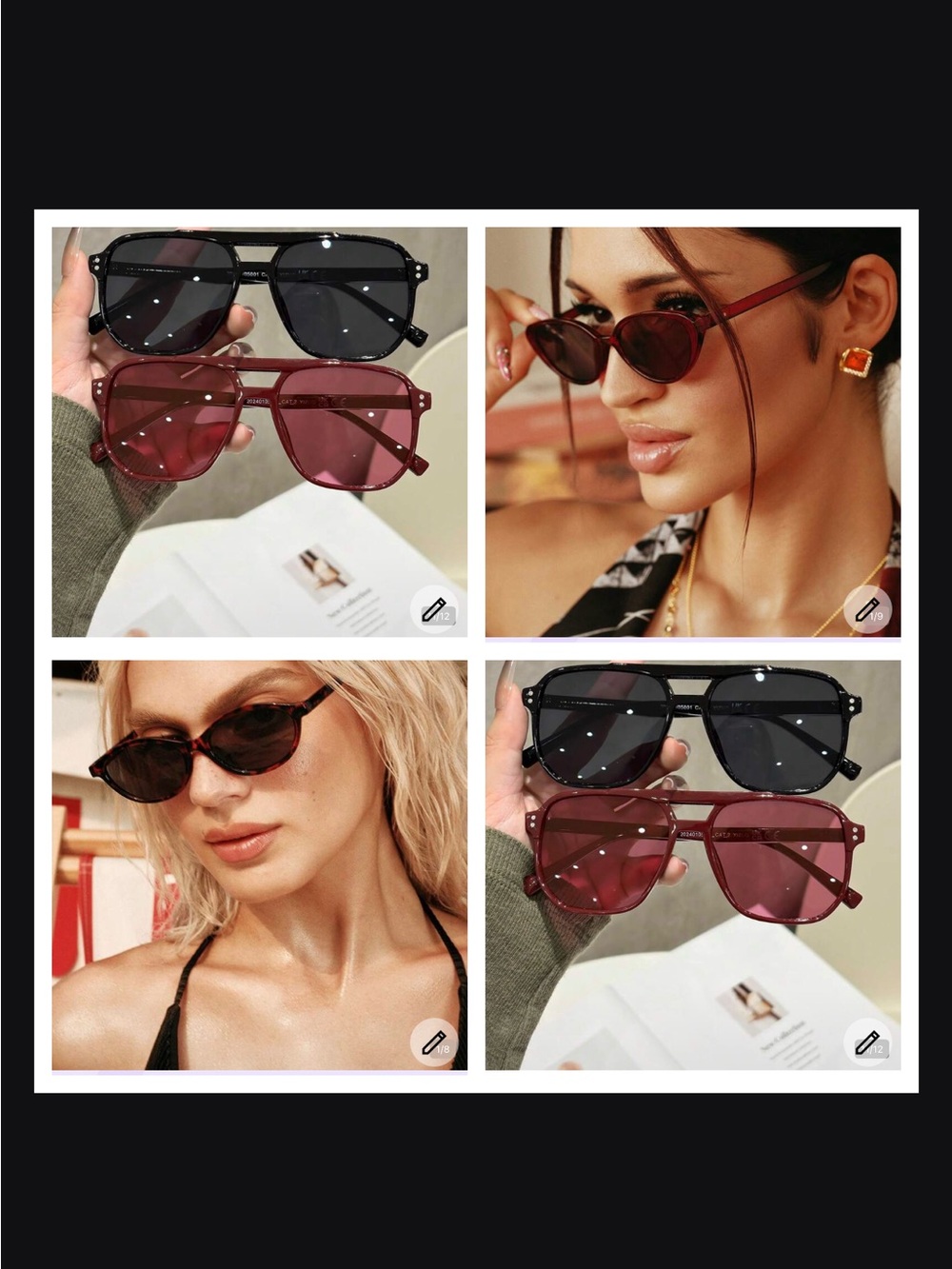 4 pair bundle NWT Stylish Women's Square Sunglasses - Black & Burgundy
